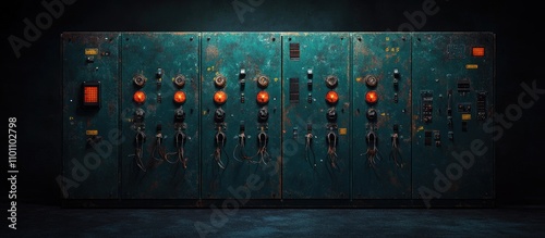 Old electrical switchboard with secured wires showcasing infrastructure management and industrial design in a dimly lit environment. photo