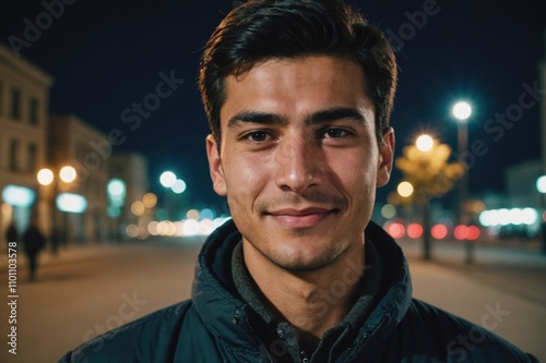 Close portrait of a smiling young Tajik man looking at the camera, Tajik city outdoors at night blurred background photo