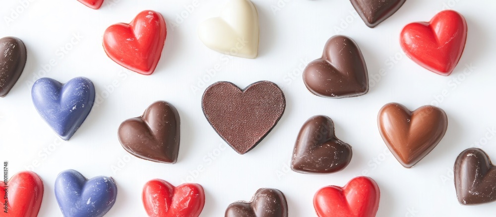 Aged cloth flag badge surrounded by colorful heart shaped chocolates on a clean white background perfect for Valentine's Day celebrations Aged cloth flag badge surrounded by colorful heart shaped chocolates on a clean white background perfect for Valentine's Day celebrations