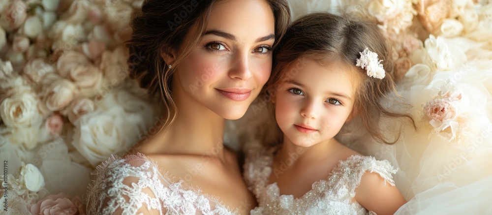 Joyful woman in floral wedding gown holding young daughter surrounded by soft fabrics in a bridal salon celebrating togetherness and love