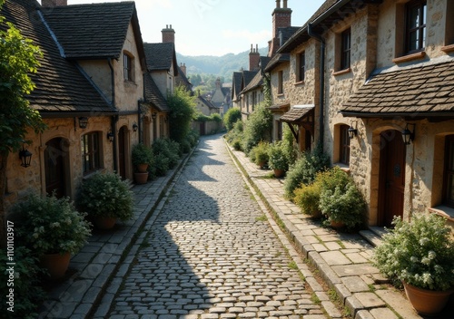 Charming cobblestone street in a quaint village with beautiful cottages