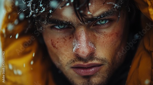 Intense portrait of a rugged man in a vibrant jacket with snowflakes adorning his face emphasizing determination and resilience in harsh conditions