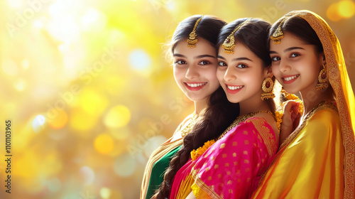 beautiful young Indian women wearing sari traditional dress celebrating Diwali festival background photo