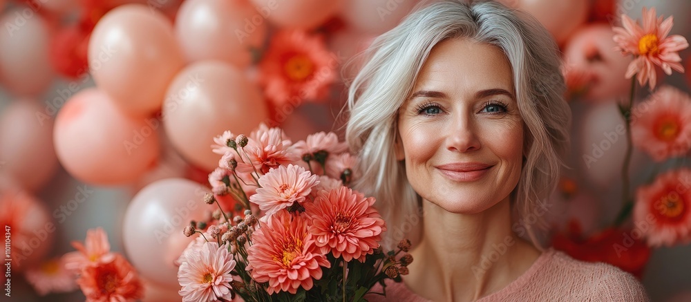 Fototapeta premium Joyful middle-aged woman with a bouquet of flowers surrounded by pink balloons and floral backdrop celebrating happiness and positivity