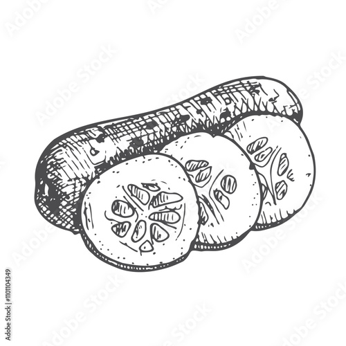 Pen and Ink hand drawn cucumber on white background