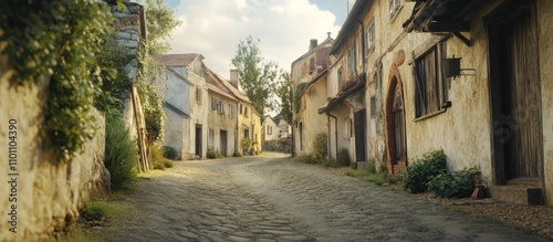 Charming cobblestone street in a picturesque village with rustic houses and greenery under a bright sky