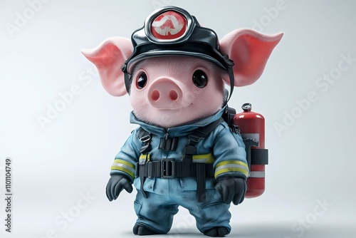 pig  character concept fire fighter 3D clipart illustration, with isolated white background photo