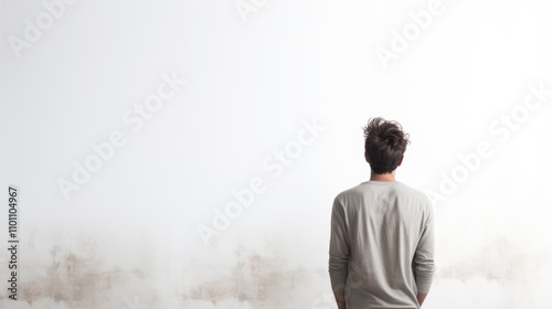 Young man standing alone with back turned against a minimalistic white wall in a contemplative pose.