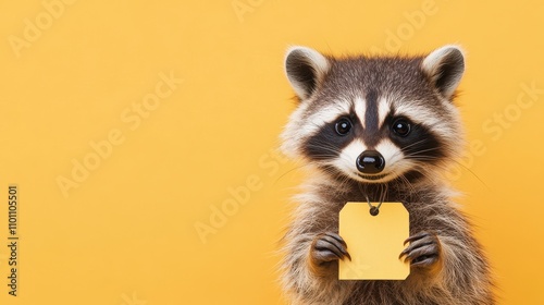 Cute Raccoon with Discount Tag on Bright Background