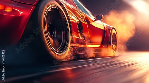 Blurred sport car drifting on speed track. Sport car wheel drifting photo