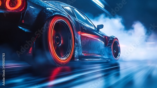  Blurred sport car drifting on speed track. Sport car wheel drifting photo