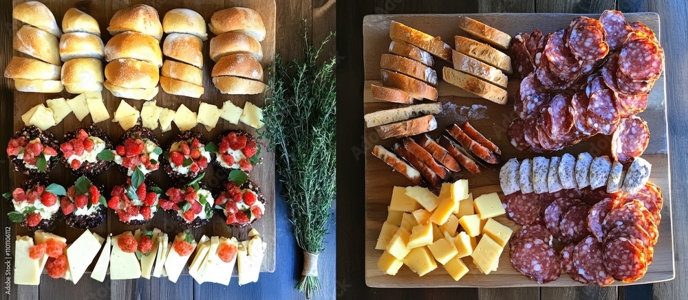 Wedding catering assortment featuring bread, cheese, meat, and vegetable canapes elegantly arranged for a festive celebration. Wedding catering assortment featuring bread, cheese, meat, and vegetable canapes elegantly arranged for a festive celebration.