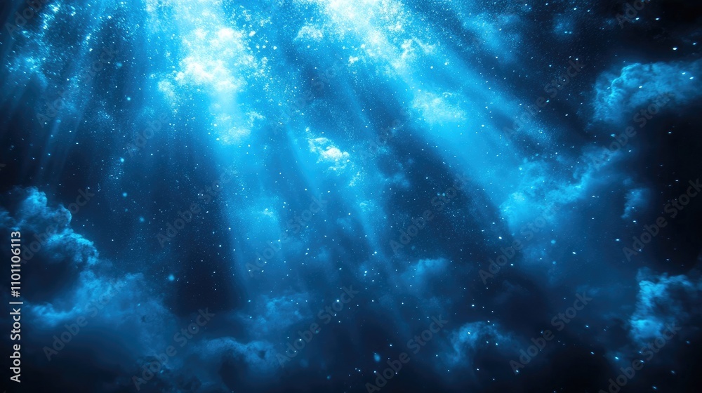 Obraz premium Beautiful blue light rays penetrating a dark underwater scene creating a serene and tranquil atmosphere for backgrounds and designs.