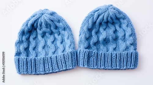 Pair of cozy blue knitted hats displayed on a white background showcasing intricate cable knit patterns and soft texture. photo