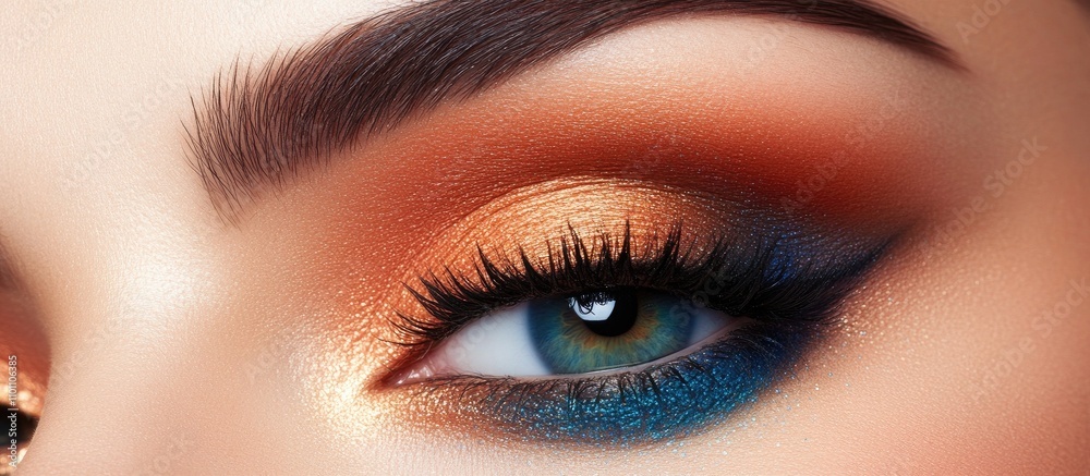 Fototapeta premium Close-up of an elegant eye makeup look featuring vibrant colors and expert blending techniques for beauty and cosmetic illustration.