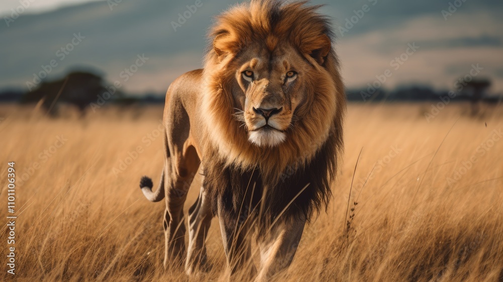 Fototapeta premium Majestic East African Lion Roaming Freely in Lush Savanna Grassland Under Bright Blue Sky