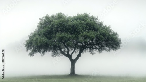 majestic solitary tree in misty surroundings with white background showcasing tranquility and natural beauty