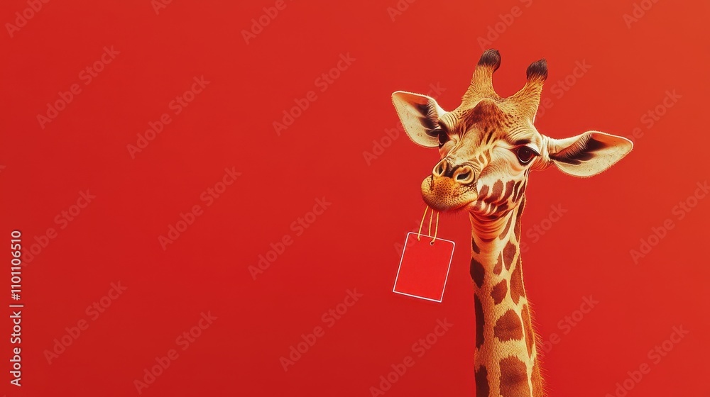 Obraz premium Giraffe in Human Attire Pointing at Red Background