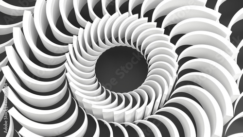3D grayscale rendering of abstract, geometric structure arranged in circular frame.