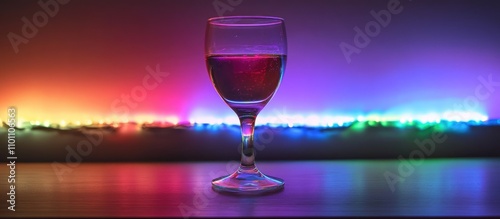 Wine glass with colorful illuminated background creating a vibrant and festive atmosphere for celebration or party themes photo