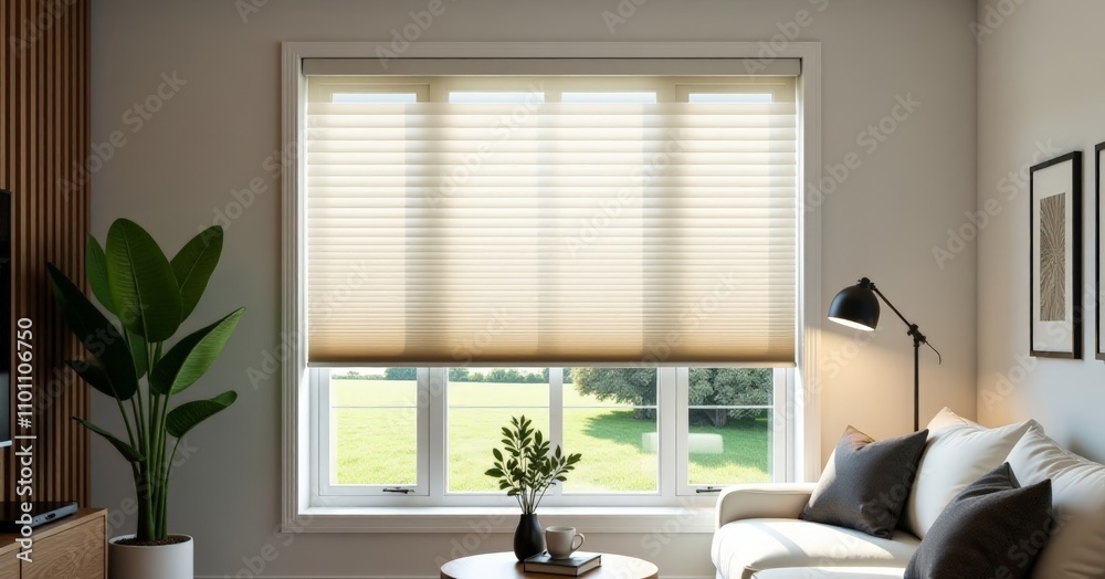 Fototapeta premium Bright and Cozy Living Room with Modern Blinds, Plants, and Comfortable Seating