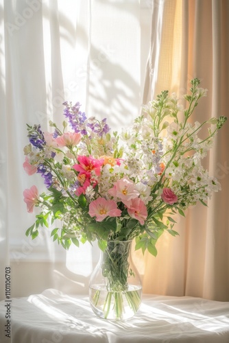 Bright and Lively Flower Arrangement in a Sunlit Room with Soft Drapes and Natural Light, Perfect for Home Decor and Floral Enthusiasts