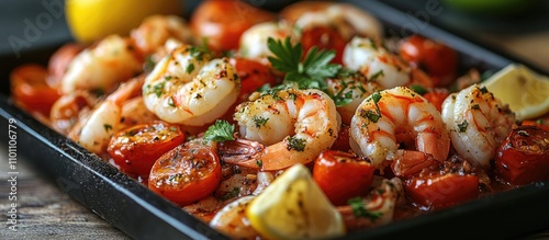 Seafood medley featuring shrimp, squid, tomatoes, and herbs presented on a rustic platter ideal for culinary presentations and recipes. photo