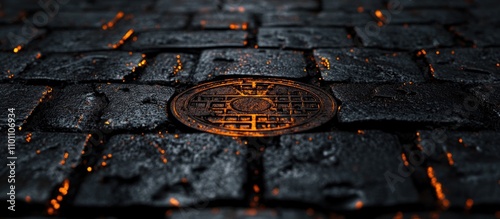 Urban infrastructure details featuring textured cobblestone road, manhole cover, and drainage system elements in an urban design context. photo