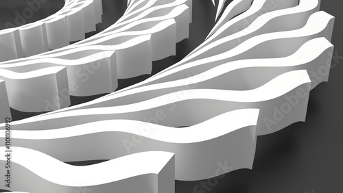 3D grayscale rendering of abstract, geometric, spiral structure. A simple, minimal, and modern or contemporary background or wallpaper.	