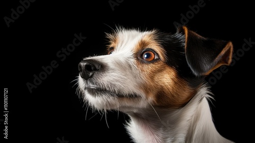 Jack Russell Terrier waits eagerly for food with a playful expression and tongue out against a striking black background portrait