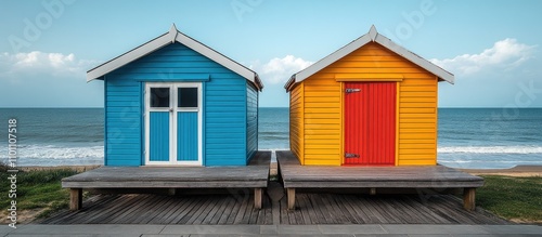 Vibrant coastal bathing boxes near the beach used for storage with ocean backdrop showcasing wooden huts in bright blue and yellow colors