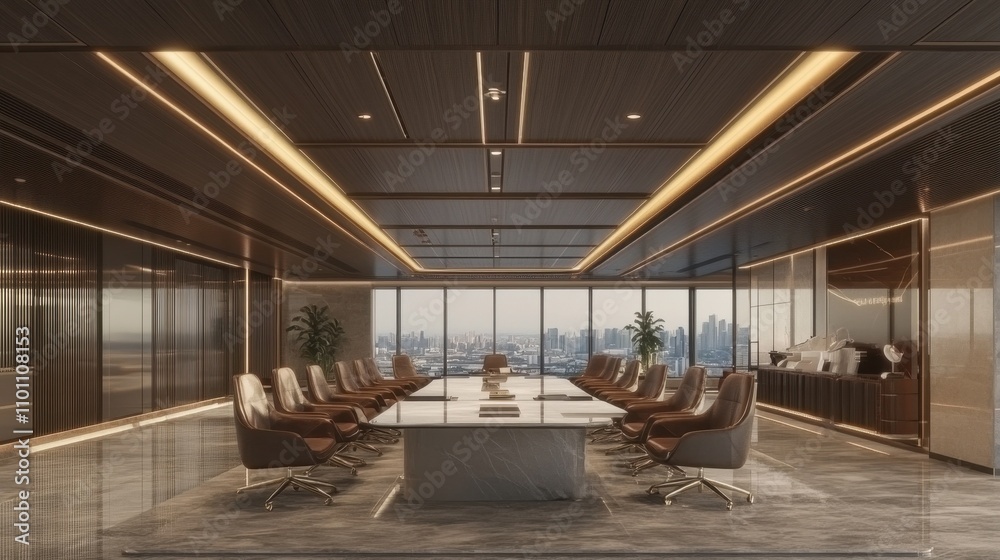 Fototapeta premium Elegant and Sophisticated Corporate Boardroom with Panoramic City Views