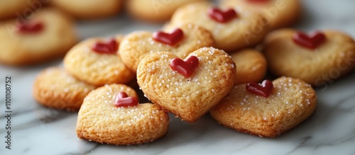 Heart-shaped sugar cookies decorated with red icing and sugar sprinkles on a marble surface, perfect for celebrations and holidays. photo