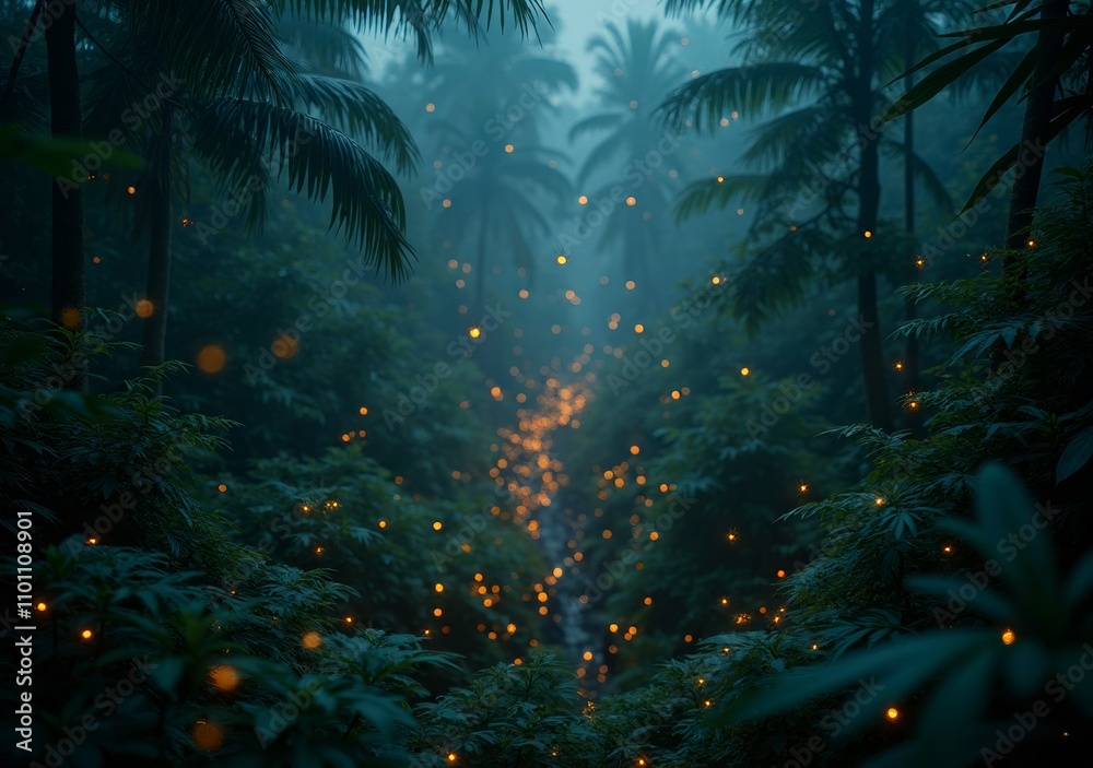 Fototapeta premium Mysterious path illuminated by glowing particles in dense tropical forest during twilight