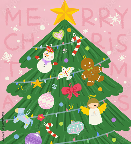 Merry Christmas illustration with Christmas tree and ornaments photo