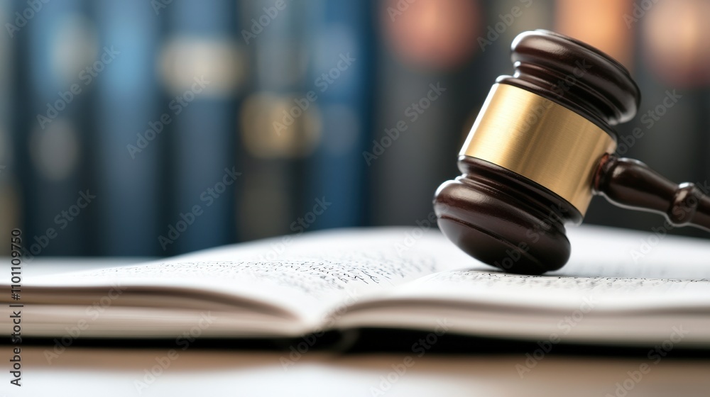 Close-Up of Wooden Gavel on Open Book with Blurred Law Books in Background, Symbolizing Justice, Legal Proceedings, and Courtroom Authority Close-Up of Wooden Gavel on Open Book with Blurred Law Books in Background, Symbolizing Justice, Legal Proceedings, and Courtroom Authority