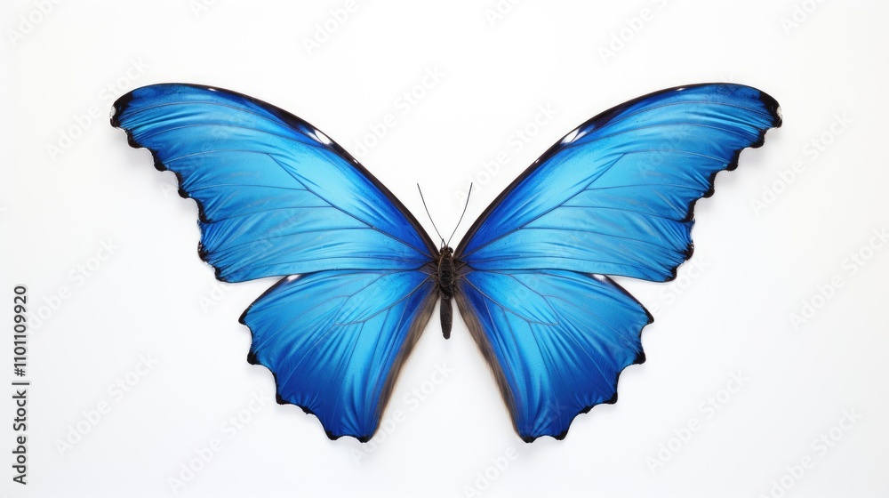 Fototapeta premium Blue butterfly wings displayed on a pristine white background showcasing intricate patterns and vibrant colors for artistic or educational use.