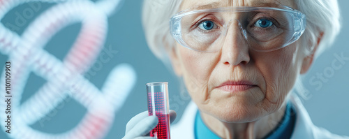 Senior scientist examining DNA autoradiogram and test tube, immersed in research and discovery within a state-of-the-art laboratory environment photo