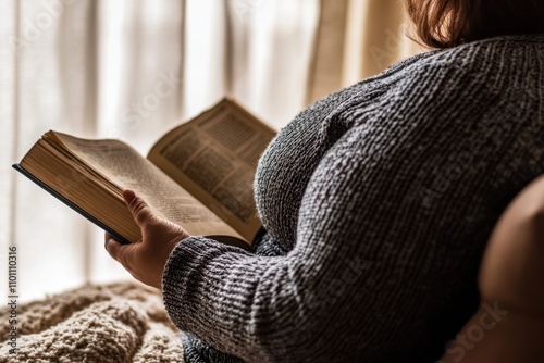 Relaxed reading moment with plus size woman in minimalistic setting