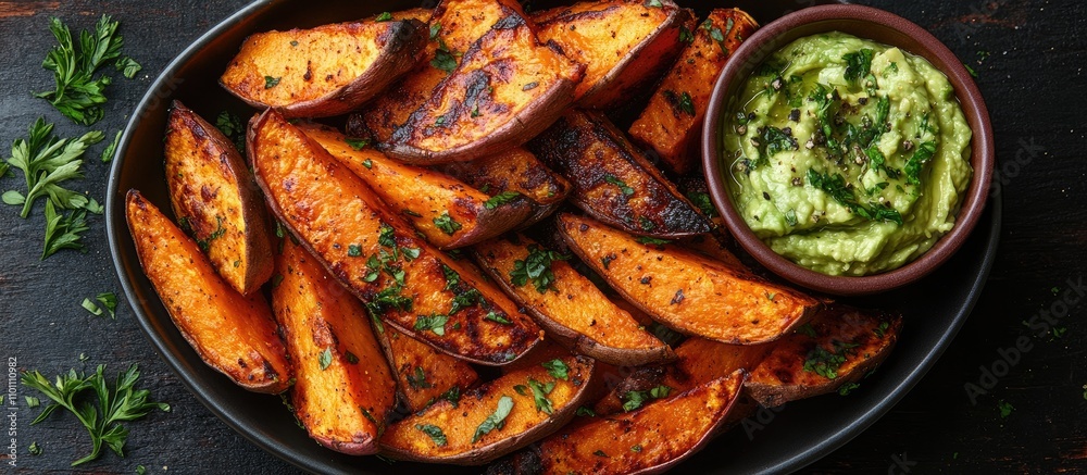 Baked sweet potato wedges with creamy avocado dip served on a rustic platter healthy vegan meal option nutritious and delicious Baked sweet potato wedges with creamy avocado dip served on a rustic platter healthy vegan meal option nutritious and delicious