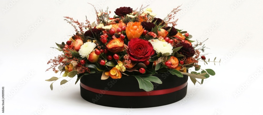 Fototapeta premium Elegant floral display in a stylish black hatbox featuring vibrant roses and seasonal blooms on a neutral background.