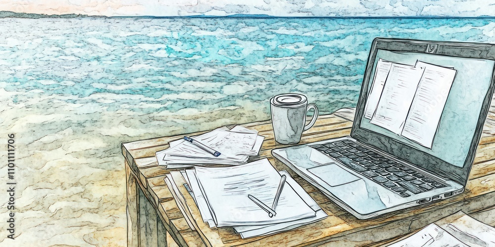 Fototapeta premium A serene workspace by the beach with a laptop, papers, and a coffee cup.