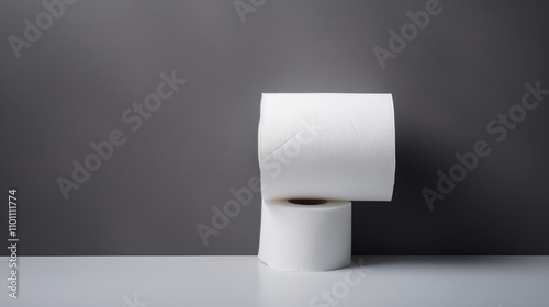 White toilet paper rolls elegantly arranged on a minimalist gray background for bathroom or cleaning product visuals photo