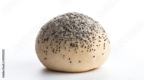 Uncooked dough ball with poppy seeds on a clean white background showcasing culinary ingredients and baking preparation.