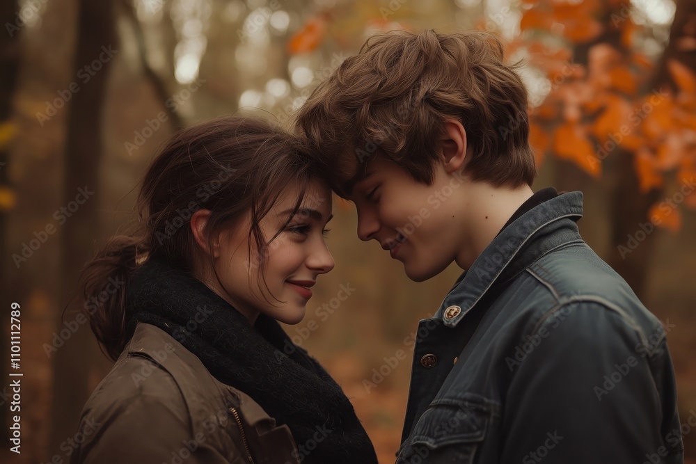 Fototapeta premium Couple sharing a tender moment in a fall forest setting