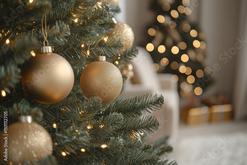 Christmas tree adorned with gold ornaments and twinkling lights, standing elegantly in a festive room. photo