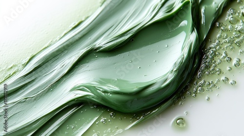Green gel texture for skincare with transparent smears highlighting viscosity and fluidity isolated on white background.