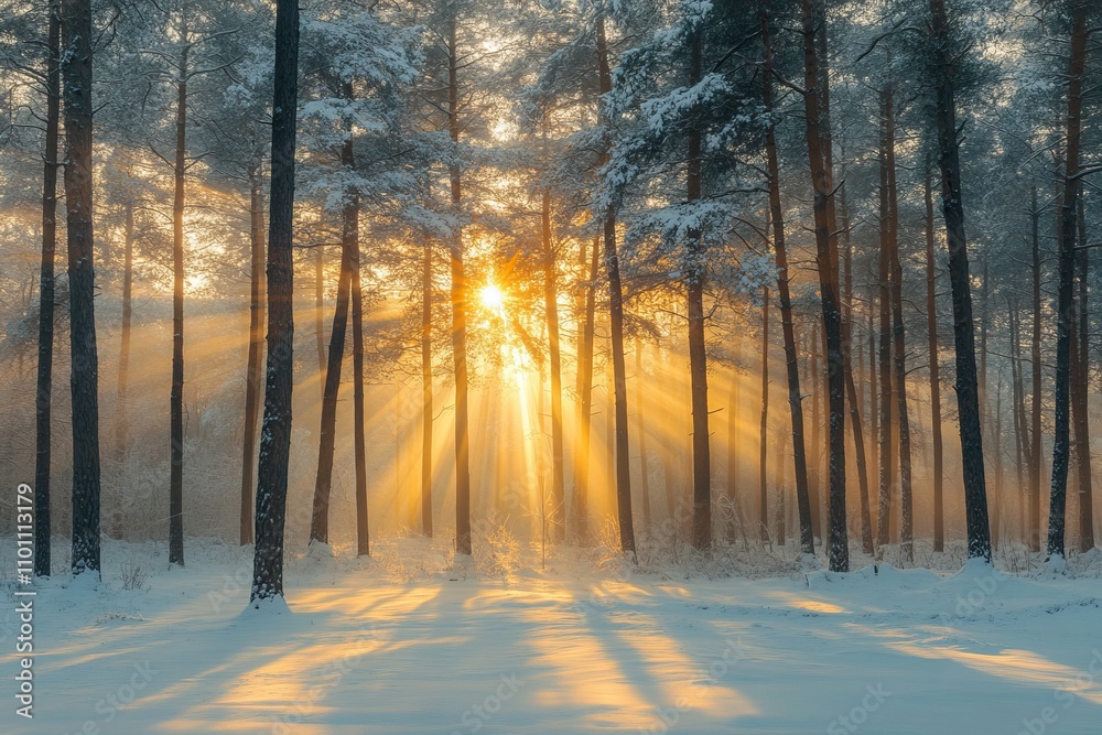 Sunbeams shine through tall pine trees in a snowy forest at sunrise. Sunbeams shine through tall pine trees in a snowy forest at sunrise.