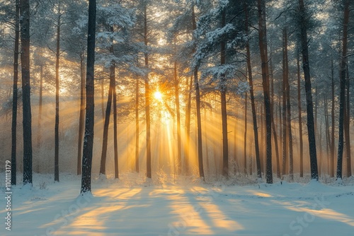 Sunbeams shine through tall pine trees in a snowy forest at sunrise.