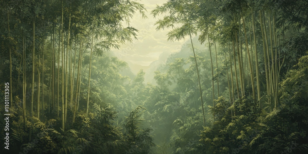 Obraz premium A serene bamboo forest scene, filled with lush greenery and soft light filtering through the trees, creating a peaceful atmosphere.